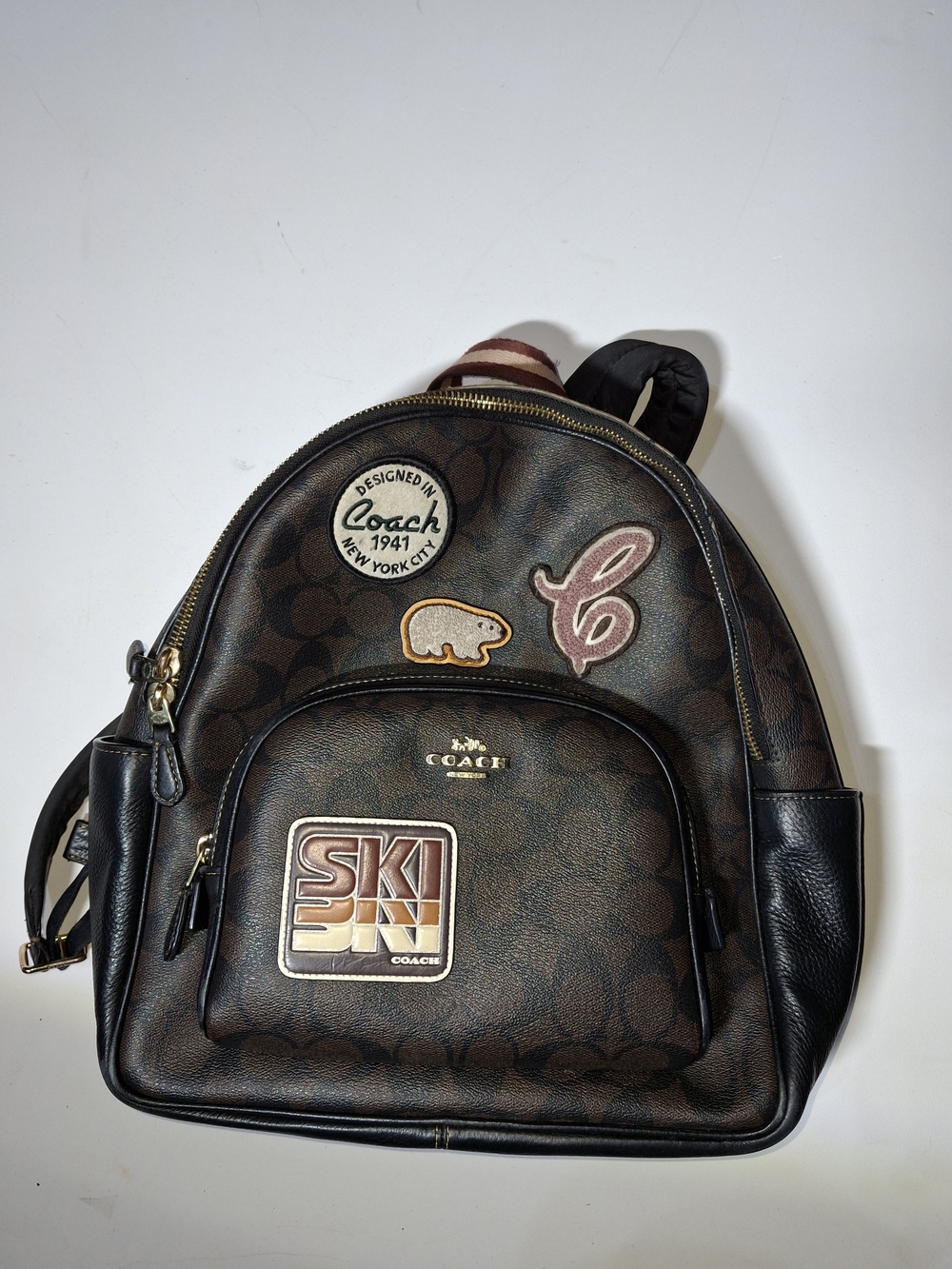 Coach Brown Signature Canvas Patch Backpack with Black Leather Trim